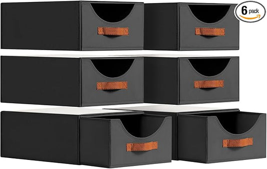 Stackable Storage Drawers - Large Collapsible Storage Bins with Drawers, 6 Pack Closet Shelf Organizer Basket, Fabric Pull Out Organizer for Bedroom, Living Room, Dorm, Black