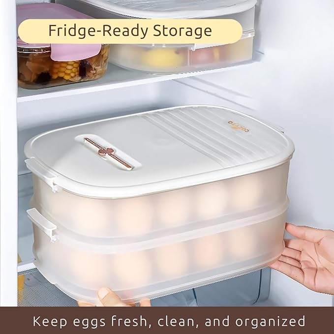COZYTO Premium EggNest 2-Layer Egg Holder for Refrigerator – Stackable Egg Storage Tray with Sliding Date Dial Lid | Holds 44 Eggs | BPA-Free, Durable & Space-Saving (White Lid & Transparent Box)