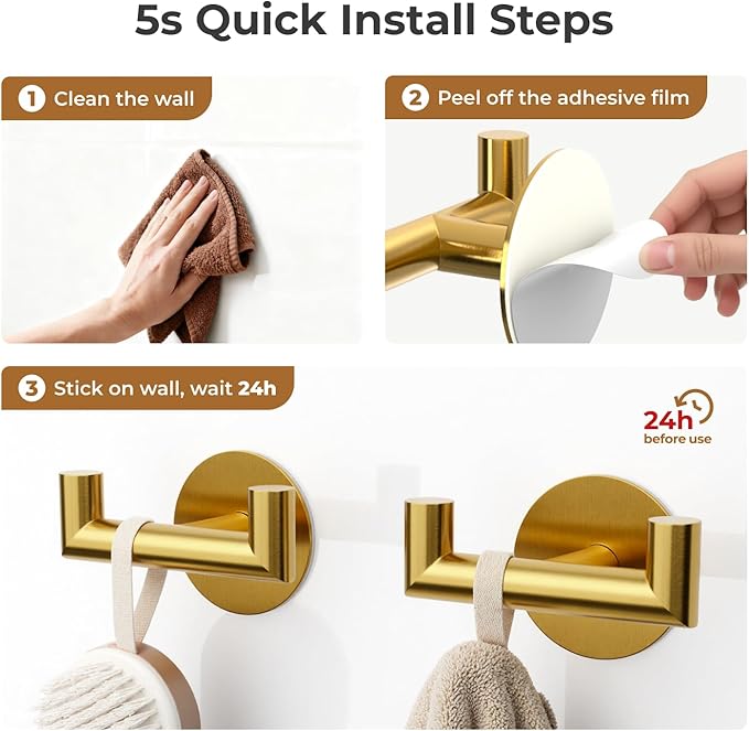 GWAAZXGZ 2 Pack Brushed Gold Bathroom Hooks for Towels - Self Adhesive Double Hooks for Wall, No Drilling, Stainless Steel 304, Strong Hold for Robes, Coats, Shower Use