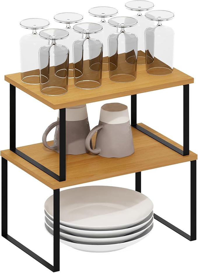 Furinno RAVEL Kitchen Countertop Organizer Set of 2, Counter Shelves, Kitchen Storage, Expandable, Stackable, Spice Rack, for Pantry, Coffee Bar, Beech