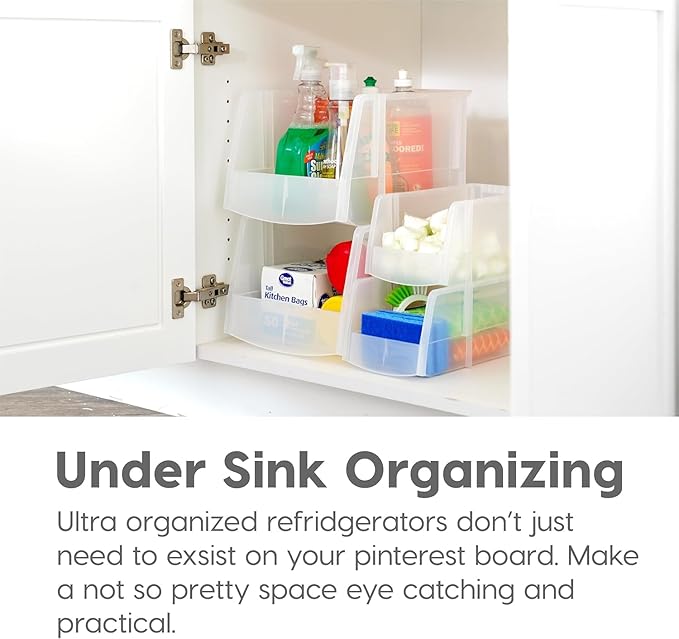 IRIS USA Plastic Stackable Clear Storage Bins, Open Front Fridge Pantry Kitchen Closet Cabinet Organizer Caddy Basket for Organizing Snack, Food, Cans, and Bathroom Essentials - Medium 8 Pack
