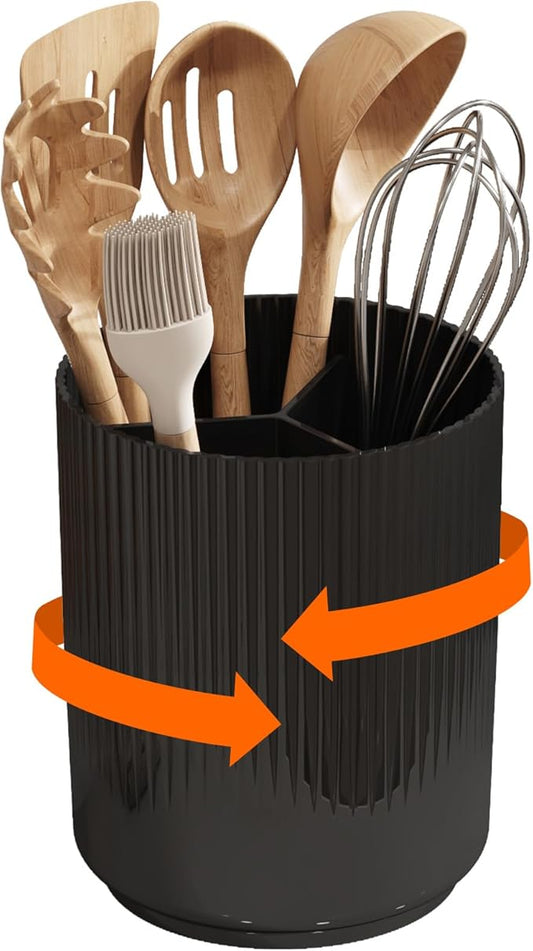 Lifewit 7.5" Plastic Utensil Holder for Kitchen Counter, Cooking Silverware Caddy with Non-Slip Rotating Base, 3 Compartment Spoon Spatula Cutlery Flatware Organizer with Dry Draining, Black, 1 Pack
