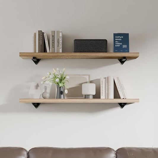 36 inch Long Wall Shelves Set of 2, Rustic Wood Long Floating Shelves, Large Wall Mounted Shelves with Metal Brackets, Farmhouse Bookshelf for Living Room, Bedroom, Bathroom (36 inch 2 Tier)