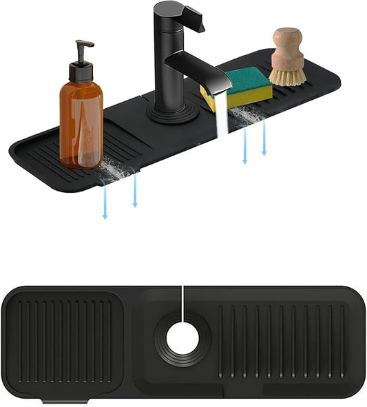 Silicone Sink Splash Guard Mat with Slanted Design,24*5.5 Inch Large Non-Slip Base,Multi-Surface Protector for Kitchen,Bathroom,Laundry,RV,Easy Clean Water Deflector Accessory(black)