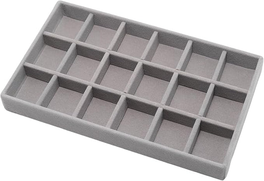Velvet Jewelry Organizer Trays Gray Stackable Jewelry Storage Display Tray with Removable Dividers, 18 Grids