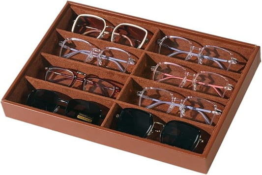 Glasses Holder Box Drawer Sunglass Organizer for Men Clear Wide Storage Case 8 Slots Multiple Reading Glasses Display, Brown Leather