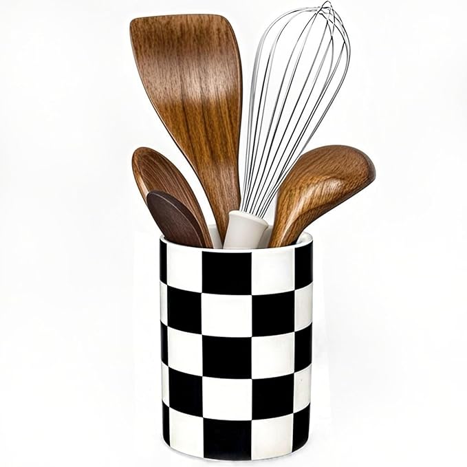 Checkered Utensil Holder, 4.13''x5.71 Utensils Caddy for Kitchen Counter, Medium Size Utensil Crock for Countertop, Utensils Organizer Storage for Parties Dining-Modern black and White