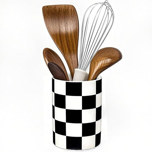 Checkered Utensil Holder, 4.13''x5.71 Utensils Caddy for Kitchen Counter, Medium Size Utensil Crock for Countertop, Utensils Organizer Storage for Parties Dining-Modern black and White