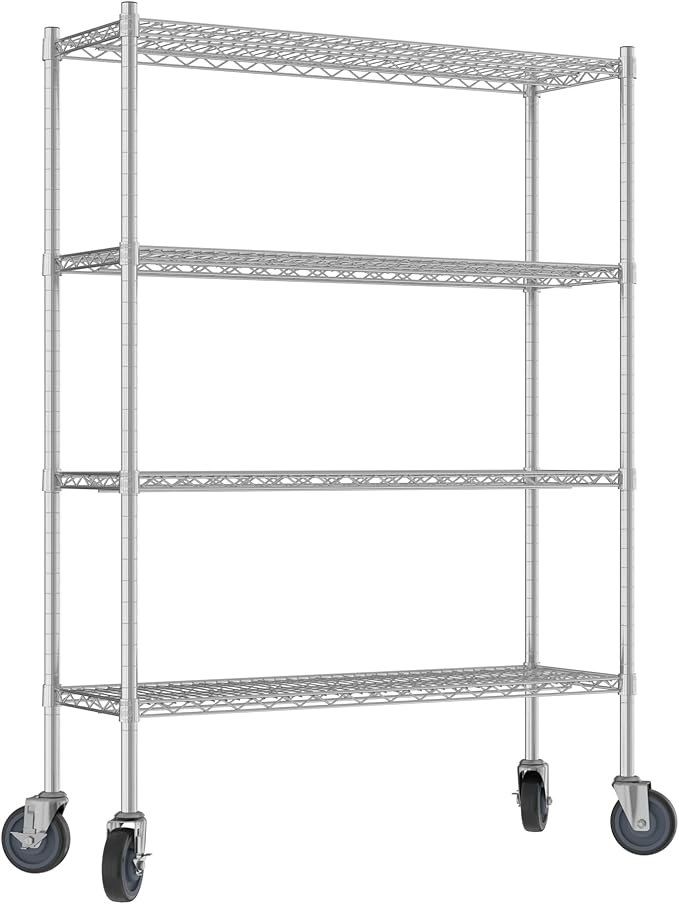 Commercial NSF Listed Chrome Mobile Wire Shelving Kit 14" x 42" x 60", with 4 Shelves Perfect for Warehouse, Walk-in Refrigerator, Freezer, Grocery Store, Restaurant, Dishroom