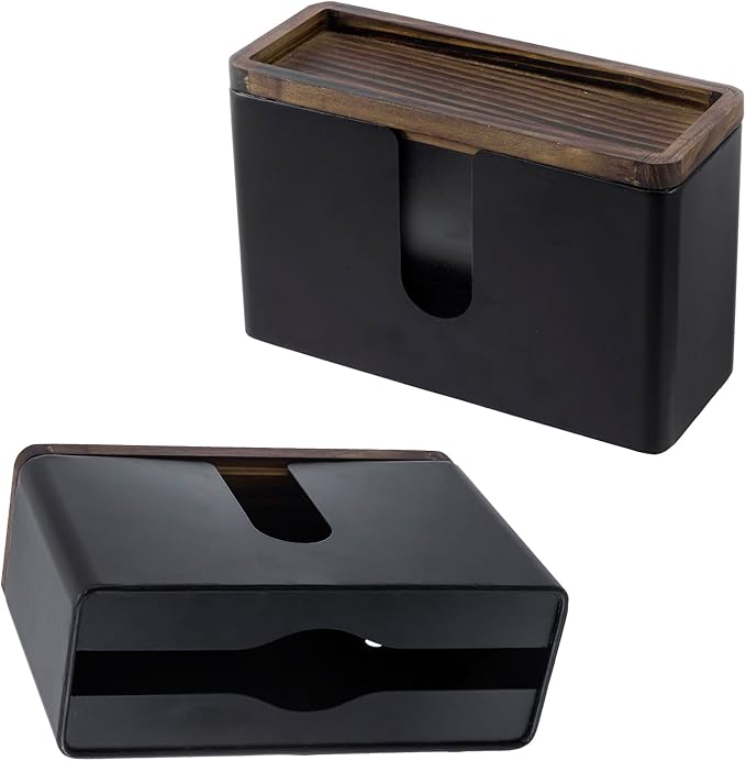 MyGift Wall Mounted Deluxe Black Metal Folded Commercial Paper Towel Holders with Burnt Solid Wood Tray Lids, Hanging Trifold Multifold Z Fold Disposable Napkin Dispensers, 11 & 10 Inch, 2 Piece Set