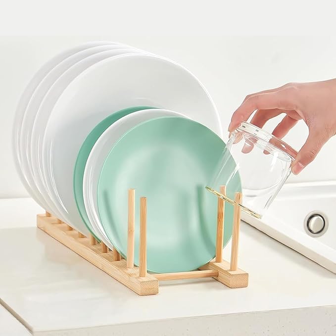 6 Pack Bamboo Dish Dying Rack 8-Slot Wooden Plate Stand Holder Pot Lid Organizer Home Kitchen Cabinet Drainer Storage Racks for Dish, Pots, Lids, Bowls, Cups, Cutting Boards, Books