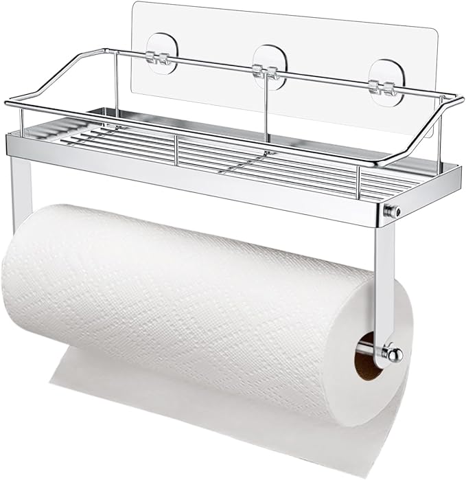 Stainless Steel 2 in 1 Paper Towel Rack Basket with Shelf - Spice Rack & Self Adhesive Paper Towel Holder