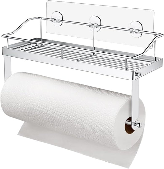 Stainless Steel 2 in 1 Paper Towel Rack Basket with Shelf - Spice Rack & Self Adhesive Paper Towel Holder