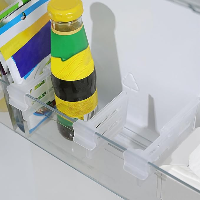 8 Pcs Adjustable Clear Fridge Divider Set, Retractable Fridge Door Organizer Clip, Snap-On Unexpanded: 3.1 x 1.9 Inches (8 x 5 cm) Expanded: 4.7 x 1.9 Inches (12 x 5 cm)