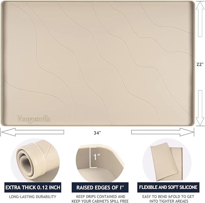 Vangostella Heavy Duty Silicone Under Sink Mat for Kitchen&Bathroom 25" x 19",Waterproof Under Sink Rubber Mat Drip Tray, Raised Edge Under Sink Liner,Prevent Drips, Leaks, Spills,Beige