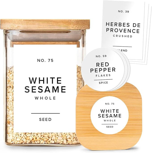 Minimalist Spice Container Labels Self-Adhesive - 160 Stickers for Spice Jars, Spice Jars & Drawers, Round & Rectangular, Waterproof Spice Organiser Labels for Kitchen Organisation (White)
