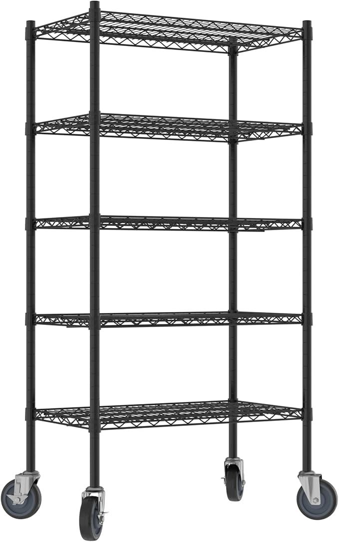 Commercial NSF Listed Black Epoxy Mobile Wire Shelving Kit 18" x 30" x 60", with 5 Shelves Perfect for Warehouse, Walk-in Refrigerator, Freezer, Grocery Store, Restaurant, Dishroom