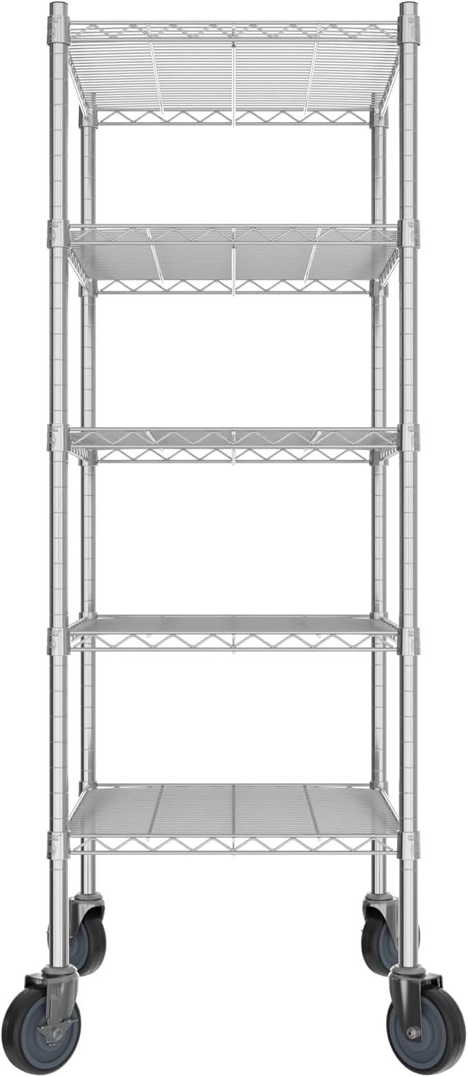 Commercial NSF Listed Chrome Mobile Wire Shelving Kit 21" x 24" x 60", with 5 Shelves Perfect for Warehouse, Walk-in Refrigerator, Freezer, Grocery Store, Restaurant, Dishroom