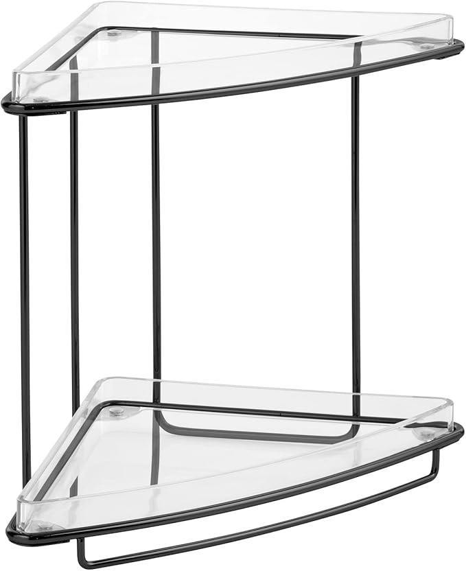 mDesign Steel/Plastic Freestanding Countertop Corner Shelf Organizer with 2-Tier Storage for Bathroom, Vanity, Cabinet, Counter - Holds Makeup, Bath Gel - Prism Collection - Clear/Matte Black