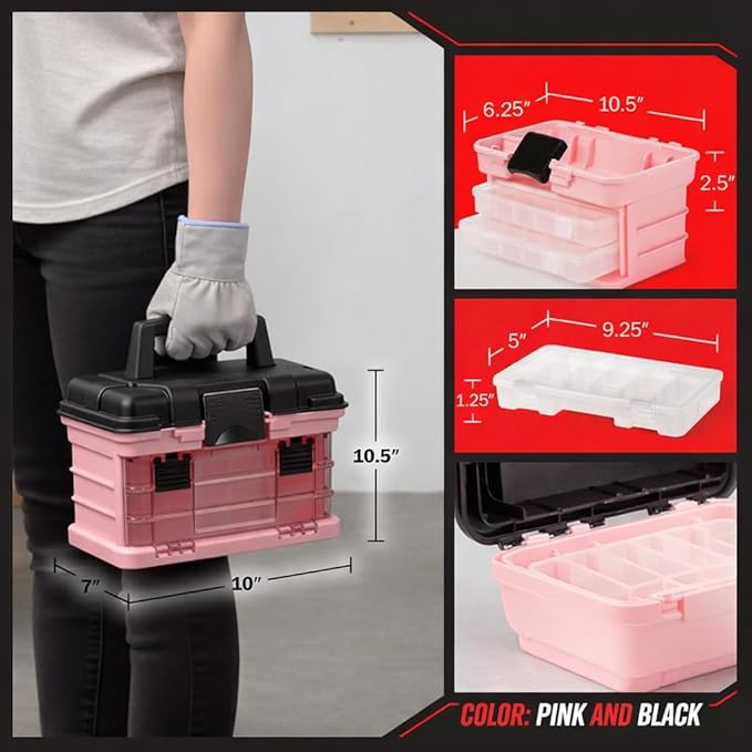Pink Tool Box Organizer with Removable Compartments – Portable Storage Case for Crafts, Beads, Screws & Small Tools – Lightweight Utility Organizer by Stalwart