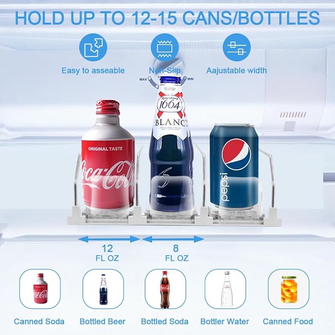 Drink Organizer For Fridge, Adjustable Self Pushing Drink Dispenser for Refrigerator Organizers and Storage, Automatic Fridge Drink Organizer, 3 Rows, 14.96" D - Holds up to 15 Cans