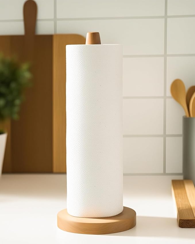 Wooden Paper Towel Holder Stand for Jumbo Roll - Kitchen Paper Hanger Rack Bathroom Towel Roll Stand Organizer Simply Standing Countertop Paper Roll Holder, Large