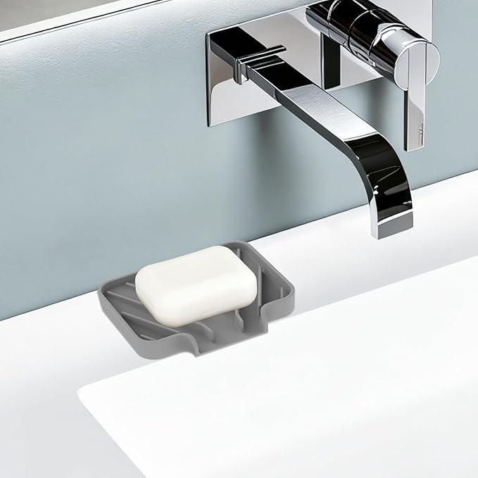 Silicone Soap Dish for Shower and Bathroom - Small Bar Soap Holder with Self Draining Spout - Non-Slip Sink Tray Organizer for Kitchen Counter and Narrow Ledge, Gray (3.5" x 5")