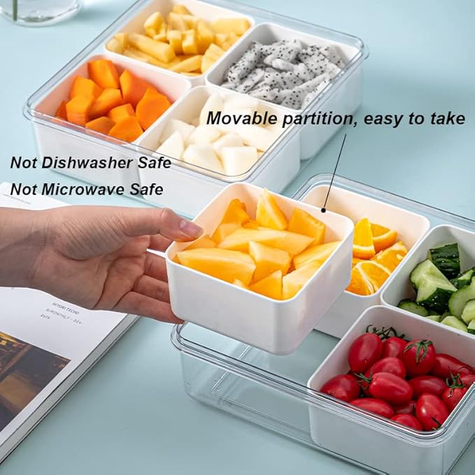 MANO Serving Tray for Party Divided Veggie Tray with Lid Sealed Sectioned Fruit Snack Serving box Vegetable Storage with 4 Compartments Snackle Box Charcuterie Container Fridge Organizer