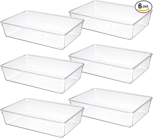 6Pack Drawer Organizer Tray 15 x 6 x 2Inch Large Clear Plastic Drawers Organizer Stackable Shallow Drawer Organizers for Jewelry, Snacks, Office, Bathroom, Bedroom and Kitchen