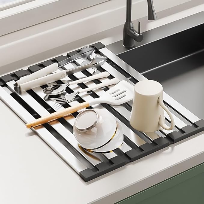Roll Up Dish Drying Rack, Over Sink Stainless Steel Rack,Foldable Kitchen Sink Mat,Kitchen Sink Drain Rack Dish Storage Rack (19.69" H x 12.8" W)