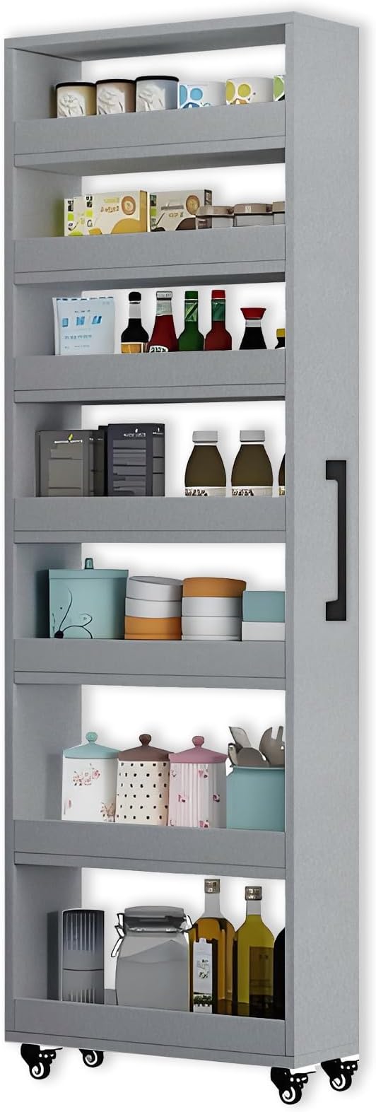 7-Tier Slim Rolling Storage Cart, Wooden Narrow Pantry Cabinet with Wheels, Tall Space-Saving Shelf Organizer for Kitchen, Laundry, Bathroom (Light Gray, 73.2" H*5.9" W*19.6" D)