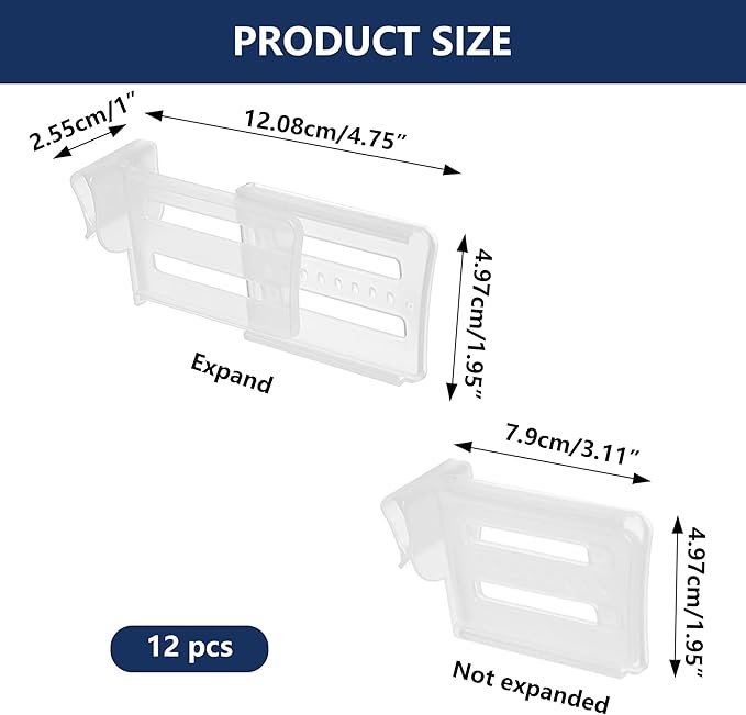 Adjustable Fridge Dividers 12 Pcs Clear Retractable Fridge Drawer Separators Plastic Snap-On Clips for Refrigerator Drawers Cabinet Kitchen Fridges Organizer Clip Expandable from 3.1 to 4.7 Inch