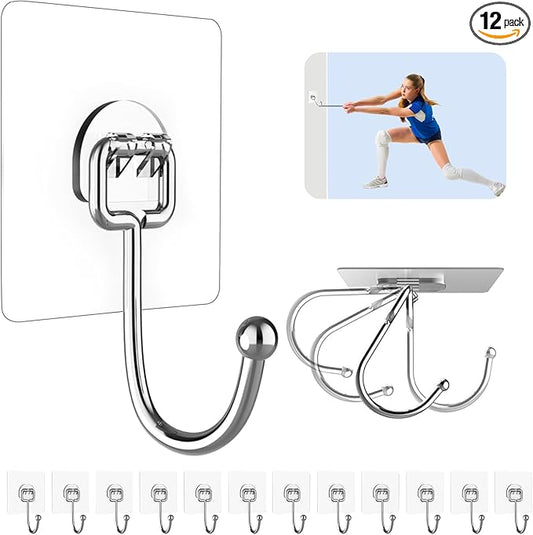 Strjobaili 12 Pack Large Adhesive Hooks for 44 lb(Max) Hanging Heavy Duty, Self Adhesive Sticky Hooks Waterproof Stainless Steel Wall Hook for Home Bathroom Shower Kitchen Outdoor Utility Hooks
