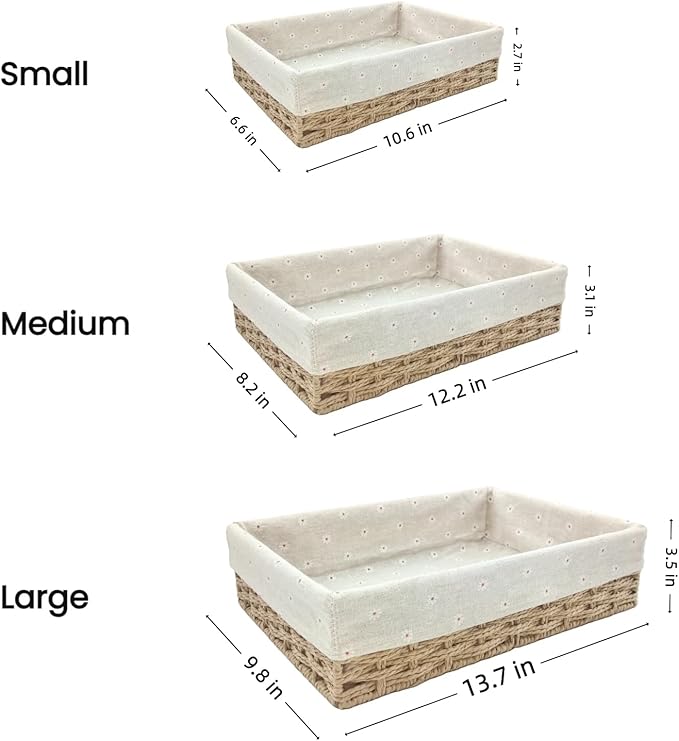 CT SUN Woven Storage Baskets for Shelves, 3-Piece Shallow Paper Rope Bins with 2 Sets of Liners (Cream & Daisy Print), Wicker Style Trays for Bathroom, Kitchen Counter, Bread & Nursery