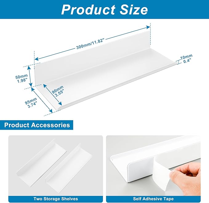 SAYAYO White Floating Shelves for Wall Storage, 12 Inch Adhesive Wall Shelves for Bedroom Decor, Display Bathroom Shelf Organizer for Kitchen, Living Room, Office, 2pcs