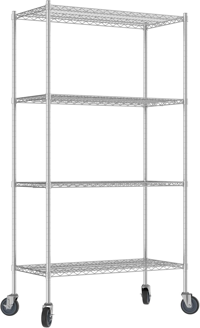 Commercial NSF Listed Chrome Mobile Wire Shelving Kit 21" x 42" x 80", with 4 Shelves Perfect for Warehouse, Walk-in Refrigerator, Freezer, Grocery Store, Restaurant, Dishroom