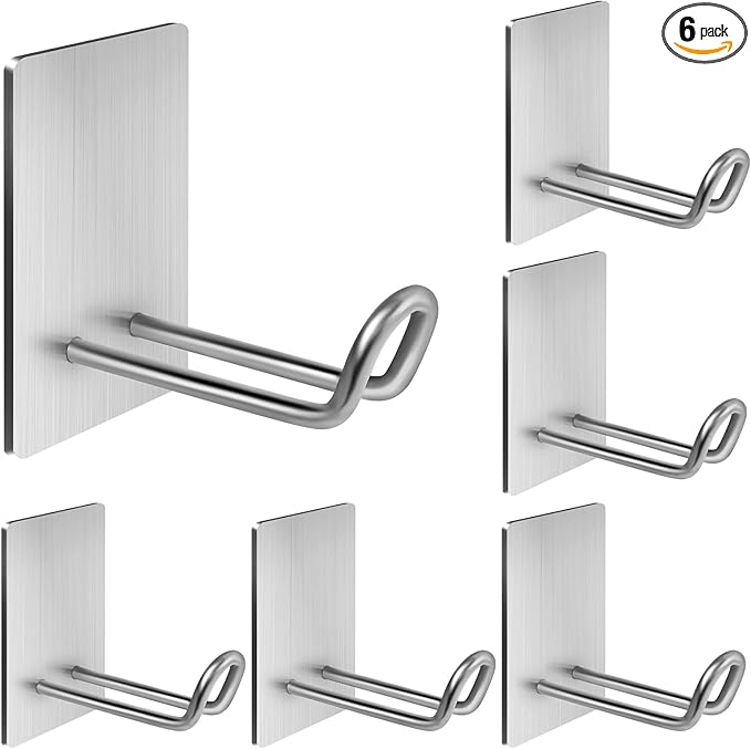 Quavzotu Self Adhesive Hooks Heavy Duty, Large Stainless Steel Towel Hooks, No Drill Sticky Hooks, Long Stick on Shower Wall Hooks for Hanging Hat Coat Key Headphone (Silver(6Pcs))