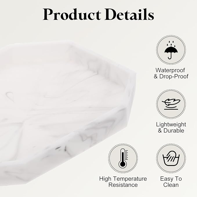 uxcell 2Pcs Bathroom Vanity Tray, 7.9" x 6" Octagon Silicone Soap Dispenser Trays, Shatterproof Kitchen Sink Organizer for Soaps Keys Candle Trinket, Marble White
