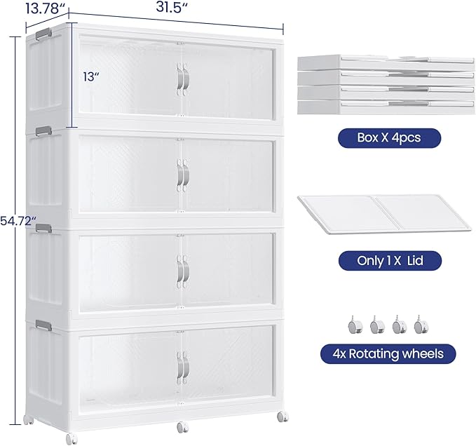 QAVABIN 480QT Extra Large Stackable Storage Bins with Lid, 120Gal Plastic Closet Organizers and Storage Drawer, Collapsible Cabinet Box with Wheels Clear Doors for Home Kitchen Office, 3Pack White