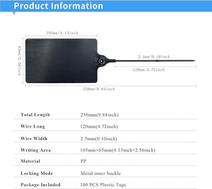 LeadSeals 100 Black Plastic Tags Shipping Tags Water Proof Tags for Labeling Shipping Labels Security Seals Writable Marker Ties Hanging Tags Storage Tag with One Marker Pen, 252*58 mm