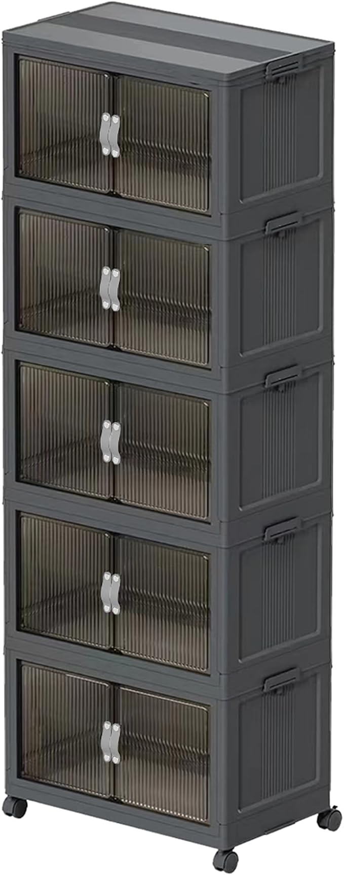 ONAIL Stackable Storage Bins, Collapsible Stackable Storage Containers Bin with Doors & Wheels, Folding Plastic Closet Foldable Cabinet Storage Boxes for Home, Pantry, Office, (S, Gray 5-Tier)