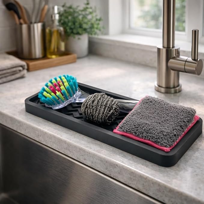 Happitasa Silicone Kitchen Sink Organizer Tray, Sponge Holder and Countertop Protector | Bathroom and Kitchen Soap Dish and Dispenser Tray (Grey, 12" x 4", 9.2 Ounces, Zigzag)