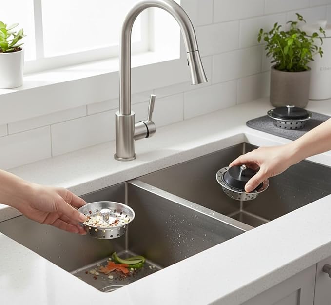 Premium Kitchen Sink Drain Strainer & Stopper Set – Dual-Function Stainless Steel Basket with Rubber Seal, Fits 3-1/2 Inch Standard Drains, Pack of 2