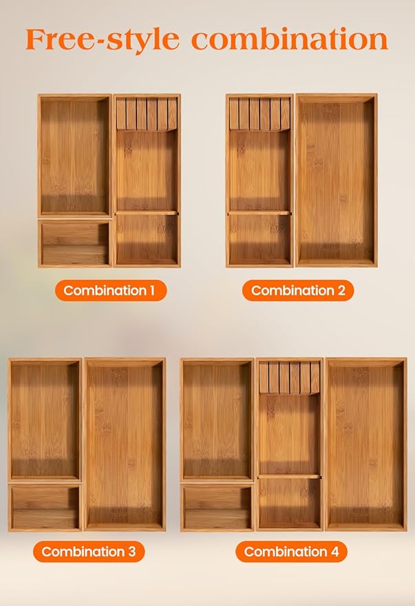Carbonized Bamboo Kitchen Silverwar Drawer Organizer,14.2 inch Length Natural Utensil Flatware Organizers Tray Storage for Spoons Forks & Knives