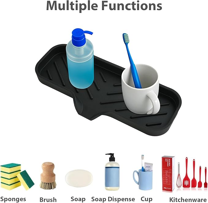 Silicone Soap Dish, 2Pcs Sponge Holder with Drain Spout, Kitchen Sink Organizer, Bath Tray Caddy Soap Tray for Kitchen Counter Bathroom Dish Scrubber(Black)