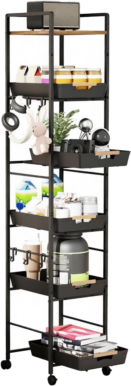 6-Tier Slim Rolling Storage Cart with Wheels, Metal Organizer Tall Rolling Cart, Wood Top Narrow Mobile Utility Cart with Pull-Out Baskets for Kitchen, Bathroom, Laundry Room, 13in(W) Black