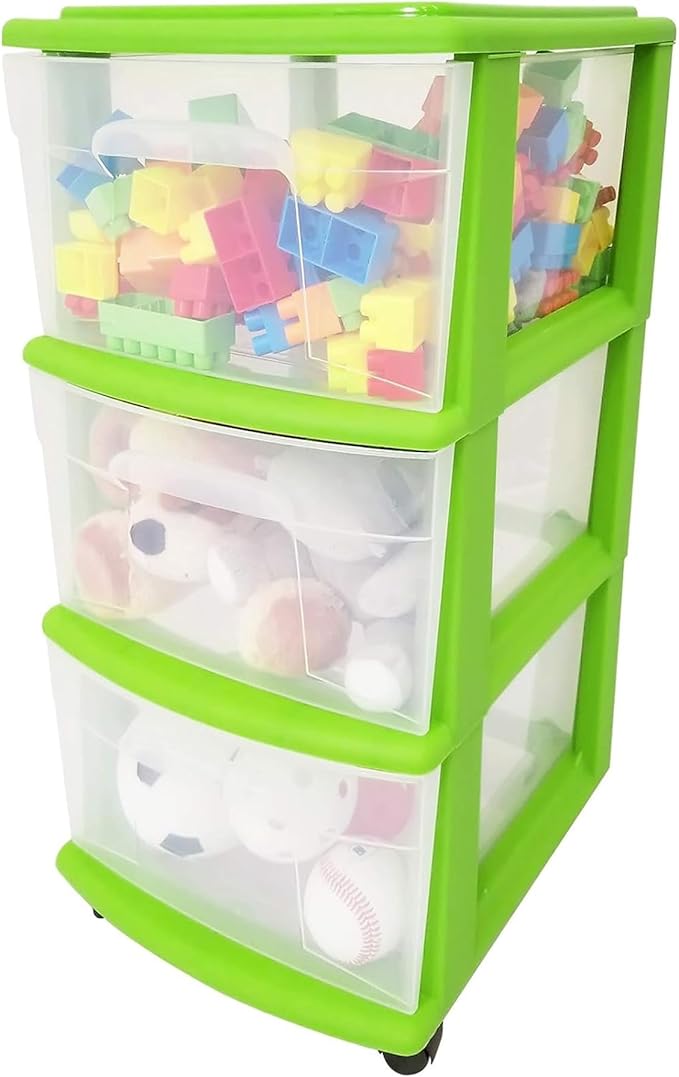 HOMZ 2-Pack Drawer Tower, 3-Tier Clear Plastic Storage Organizer Cart, Bold Lime Frame - Organizing Containers with Wheels for Home, Bathroom, Bedroom, Office, and Classroom