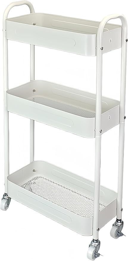 3 Tier Narrow Rolling Storage Cart for Laundry Room Bathroom Kitchen, 7.1'' Slim Utility Cart with Wheels and Lockable Casters Standing Shelf for Small Space & Between Washer and Dryer, White
