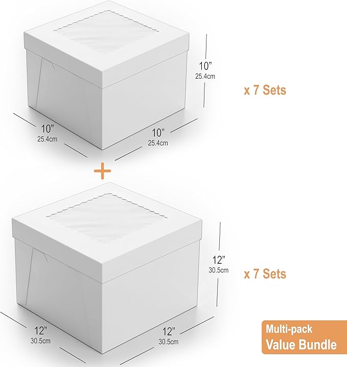 BOARDS+ 10 + 12 Inch Cake Boxes with Clear Window (14 Pack Total) – Sturdy Cardboard, Easy to Assemble, Disposable Cake Carriers for Weddings, Birthdays, and Special Occasions (10x10x10+12x12x12)