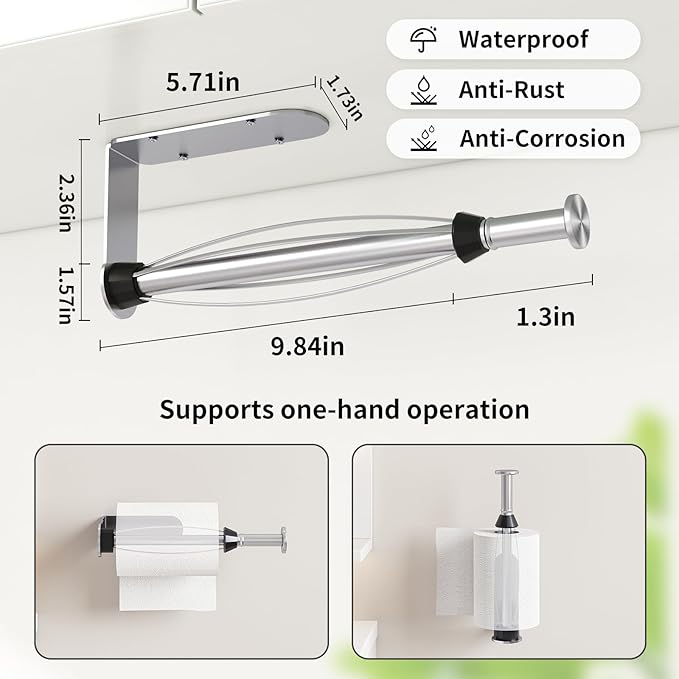 Fixwal Paper Towel Holder Under Cabinet, Single Hand Operable Wall Mount Paper Towel Holder with Damping Effect, Bend-Resistant, Self-Adhesive or Drill Mounting for Kitchen Bathroom, Silver